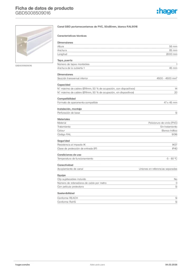 Imagen Hager Ficha de datos de producto GBD5008509016 | Hager España