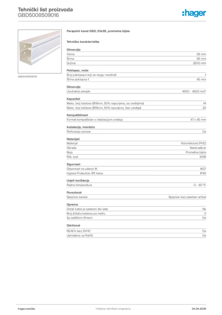 Slika Hager Tehnički list proizvoda GBD5008509016  | Hager