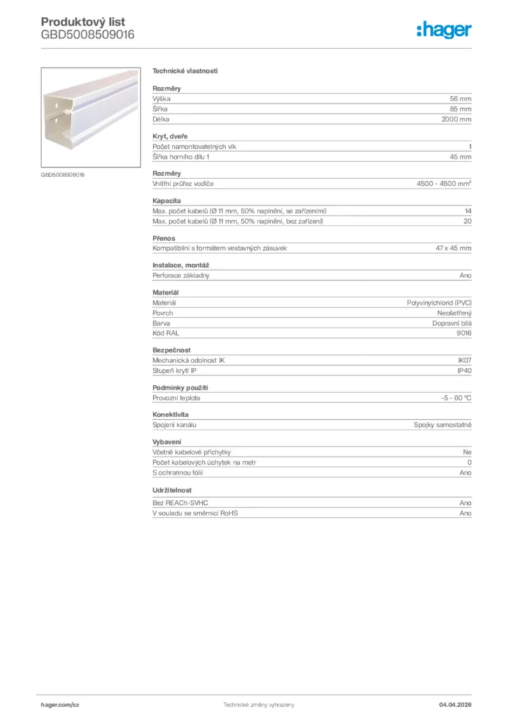 Obrázek Hager Product data sheet GBD5008509016 | Hager