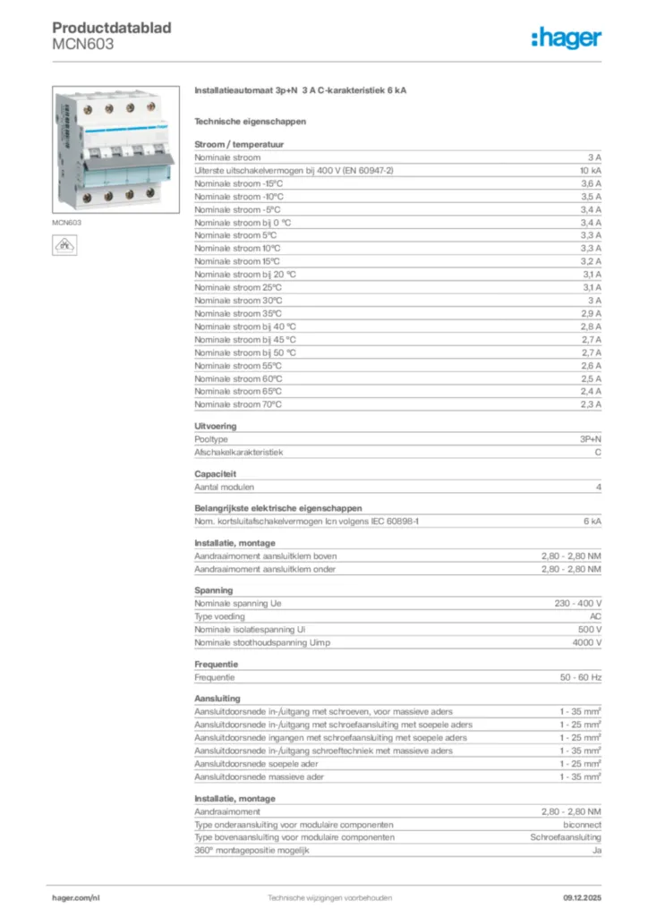 Afbeelding Hager Productdatablad MCN603 | Hager Nederland