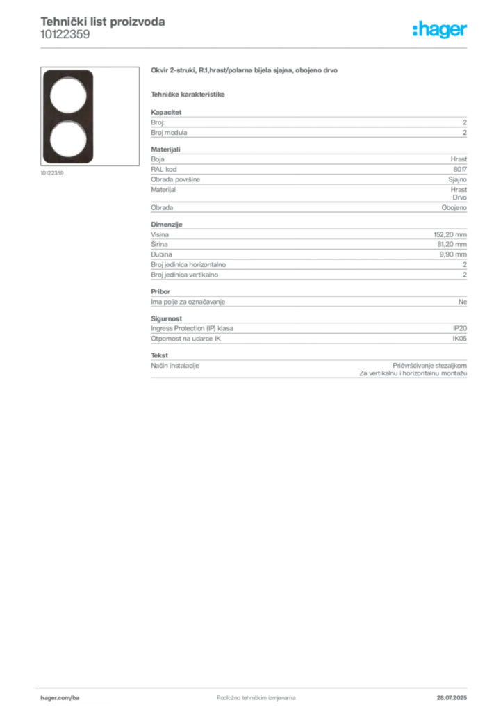 Slika Hager Product data sheet 10122359  | Hager