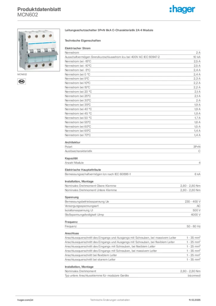 Bild Hager Produktdatenblatt MCN602 | Hager Deutschland