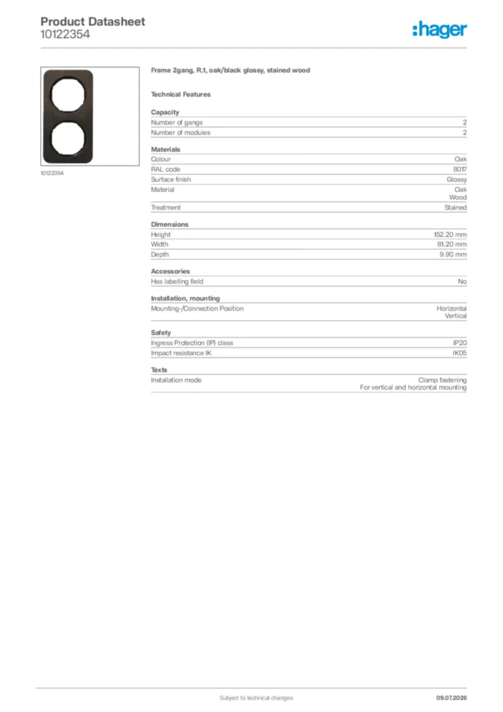 Image Hager Product data sheet 10122354  | Hager Africa