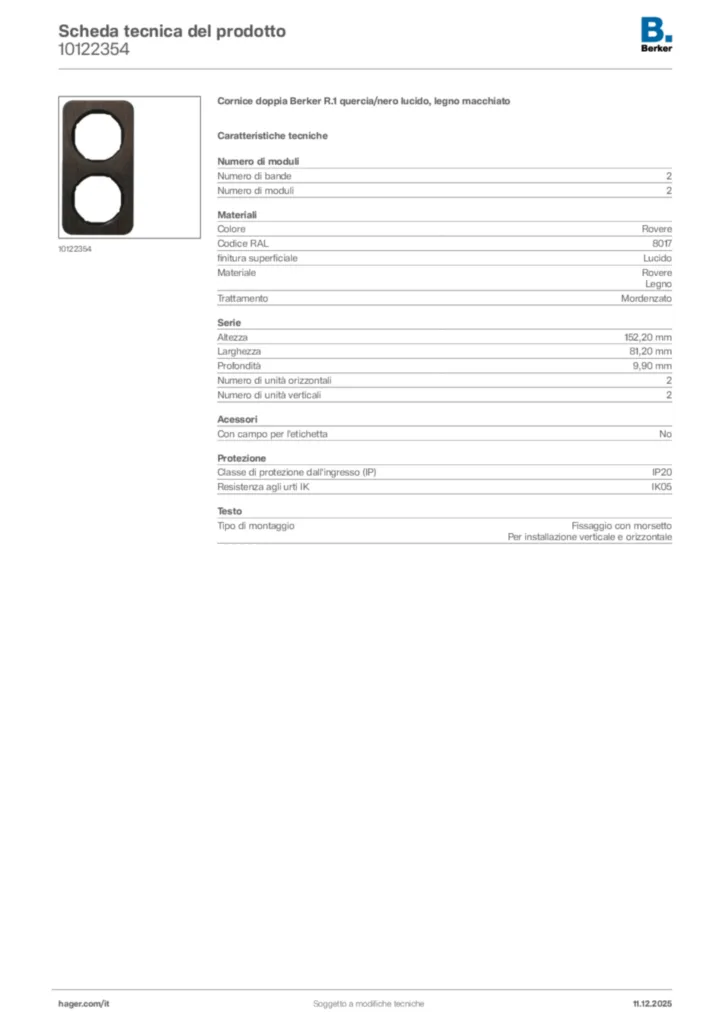 Immagine Berker Scheda tecnica del prodotto 10122354 | Hager Italia