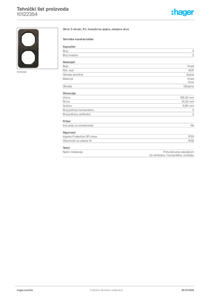 Slika Hager Product data sheet 10122354  | Hager