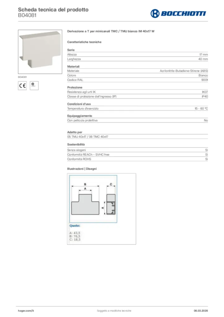 Immagine Bocchiotti Scheda tecnica del prodotto B04081 | Hager Italia