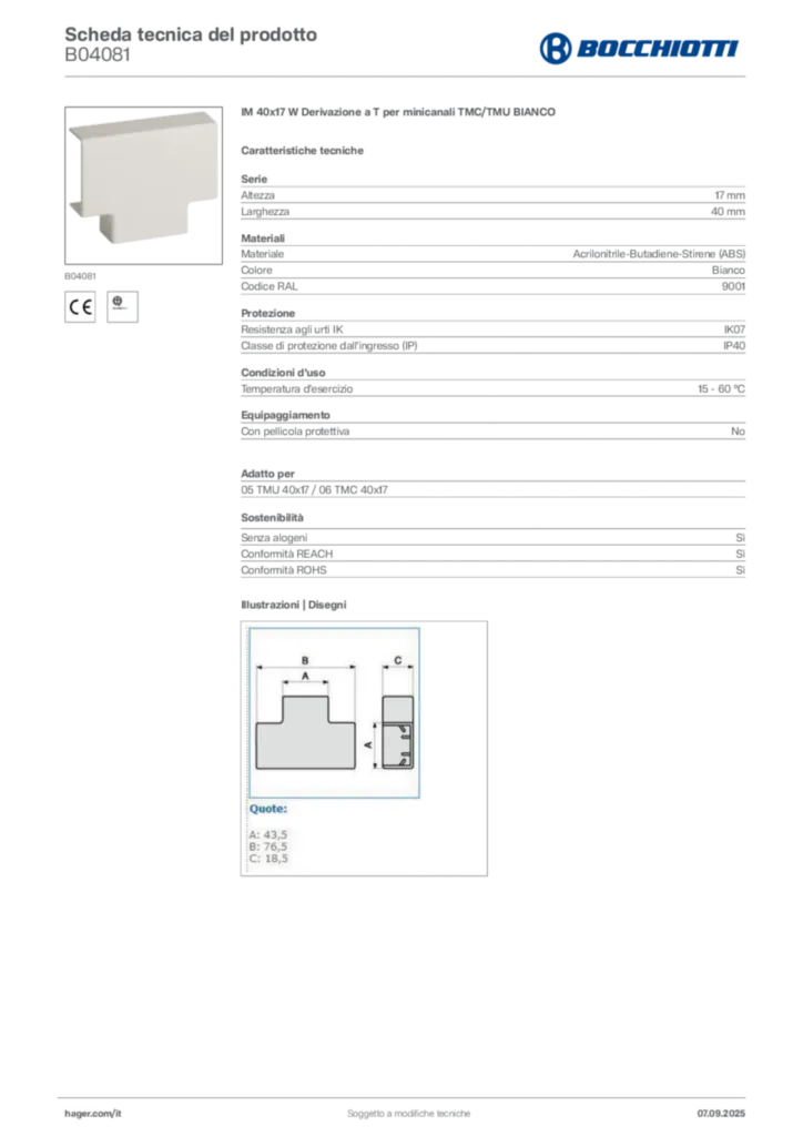 Immagine Bocchiotti Scheda tecnica del prodotto B04081 | Hager Italia