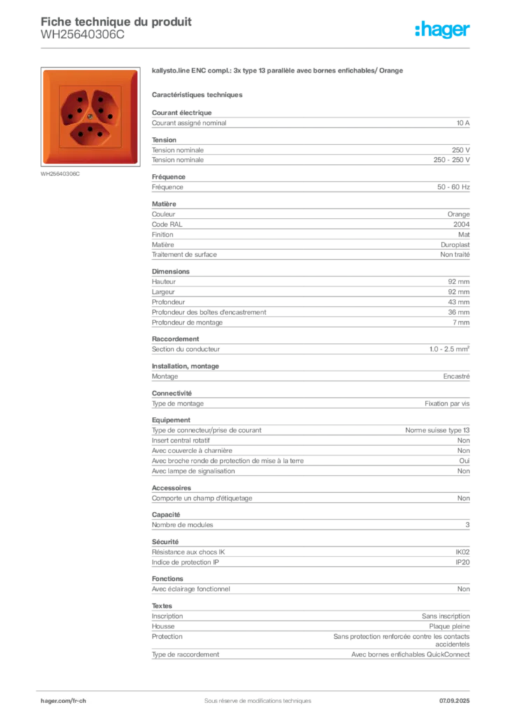 Image Hager Fiche technique du produit WH25640306C | Hager Suisse
