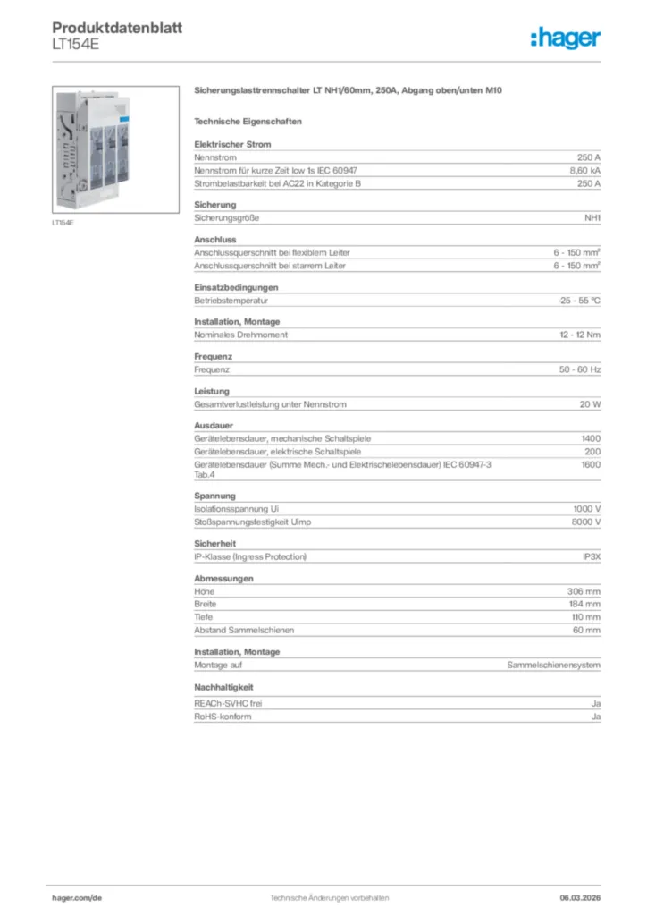 Bild Hager Produktdatenblatt LT154E | Hager Deutschland