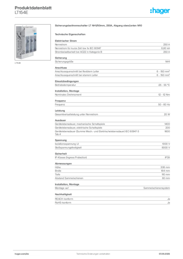 Bild Hager Produktdatenblatt LT154E | Hager Deutschland
