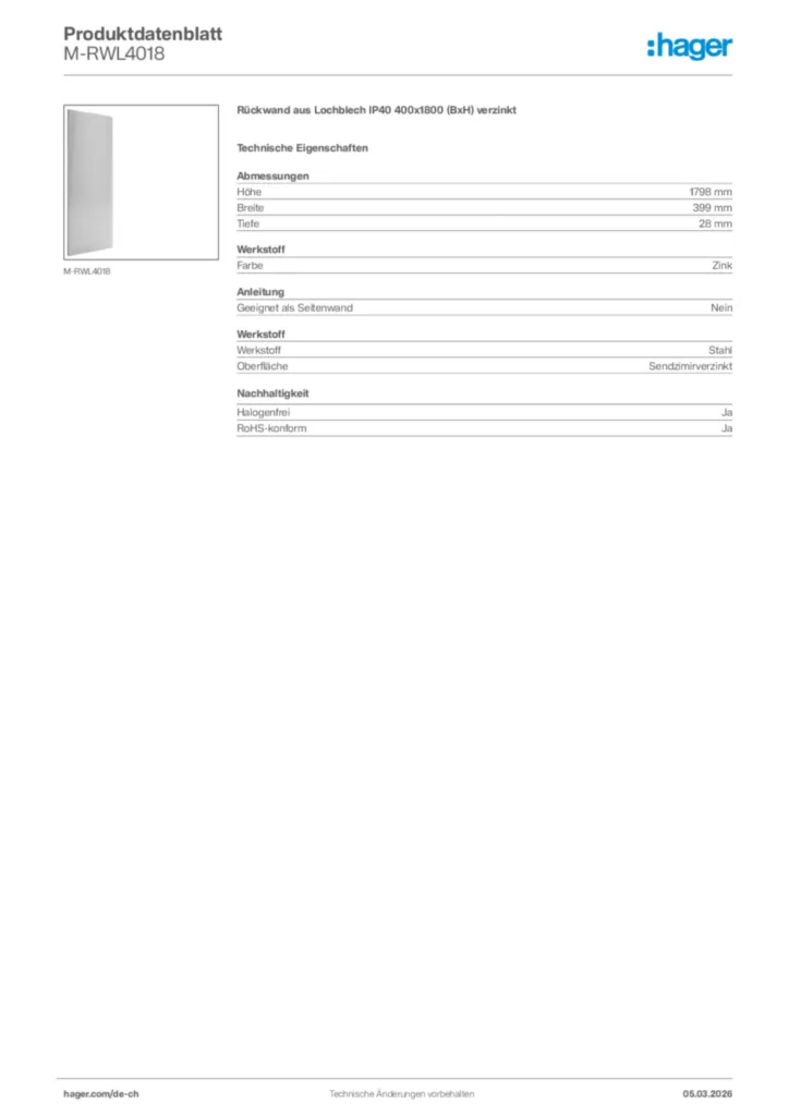 Bild Hager Produktdatenblatt M-RWL4018 | Hager Schweiz