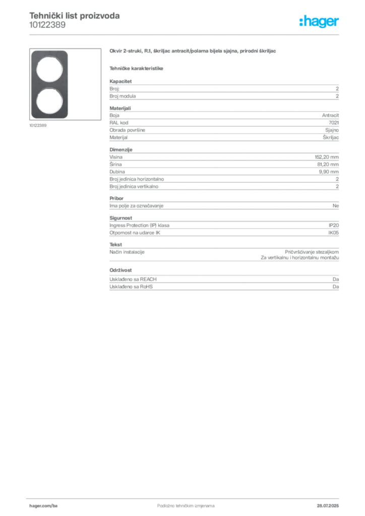 Slika Hager Product data sheet 10122389  | Hager