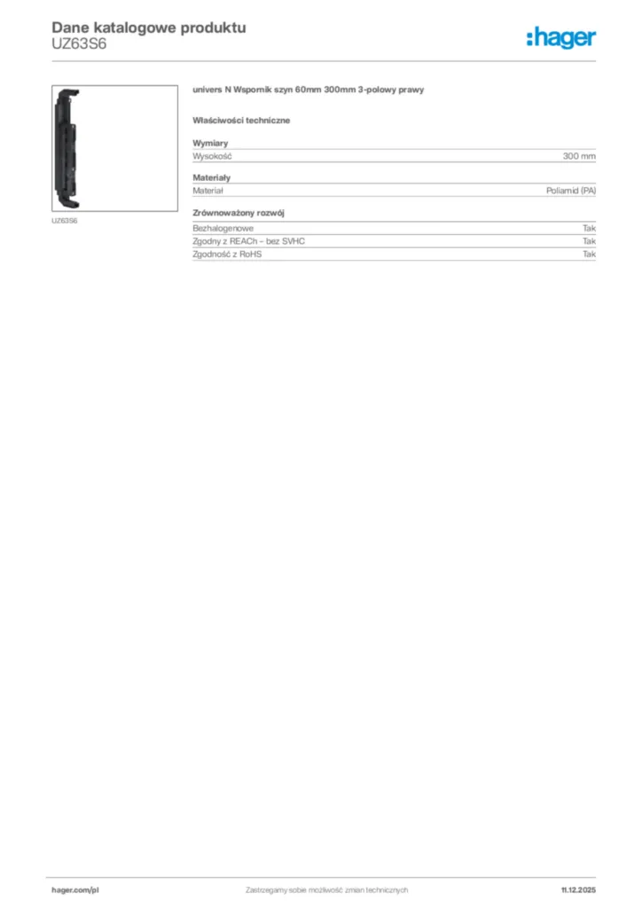 Zdjęcie Hager Dane katalogowe produktu UZ63S6 | Hager Polska