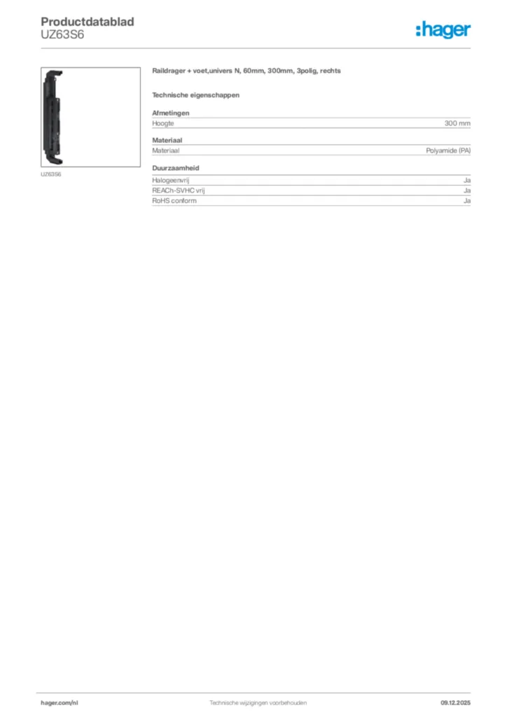 Afbeelding Hager Productdatablad UZ63S6 | Hager Nederland