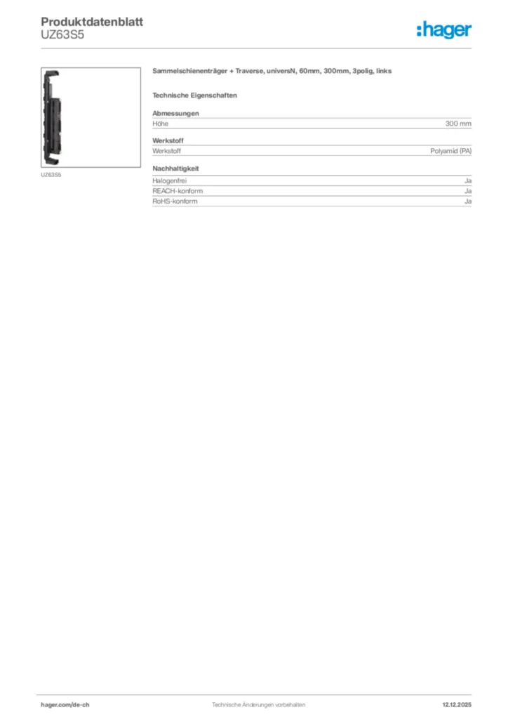Bild Hager Produktdatenblatt UZ63S5 | Hager Schweiz