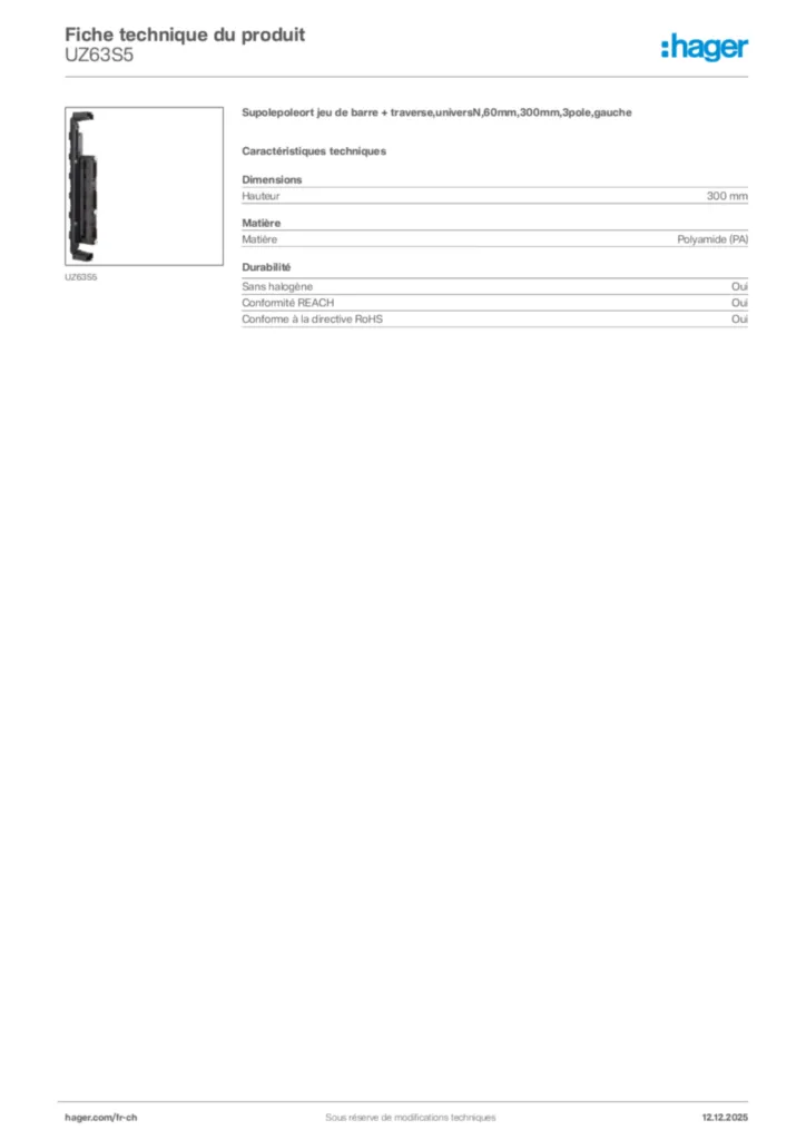 Image Hager Fiche technique du produit UZ63S5 | Hager Suisse