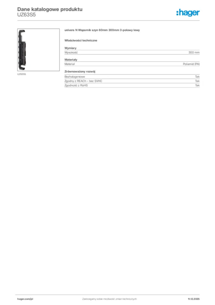 Zdjęcie Hager Dane katalogowe produktu UZ63S5 | Hager Polska