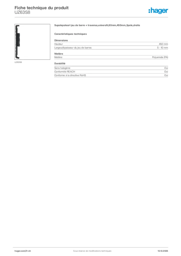Image Hager Fiche technique du produit UZ63S8 | Hager Suisse