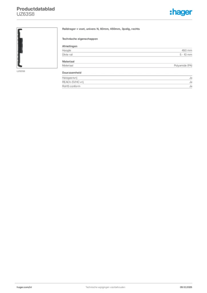 Afbeelding Hager Productdatablad UZ63S8 | Hager Nederland