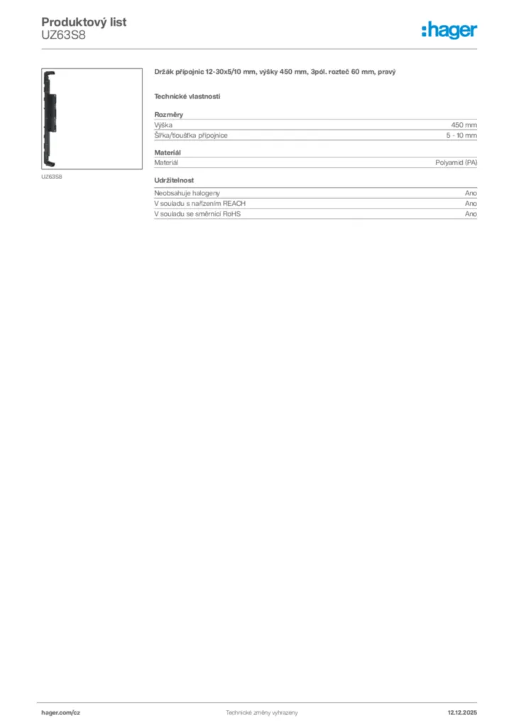 Obrázek Hager Produktový list UZ63S8 | Hager