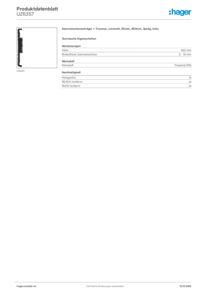 Bild Hager Produktdatenblatt UZ63S7 | Hager Schweiz