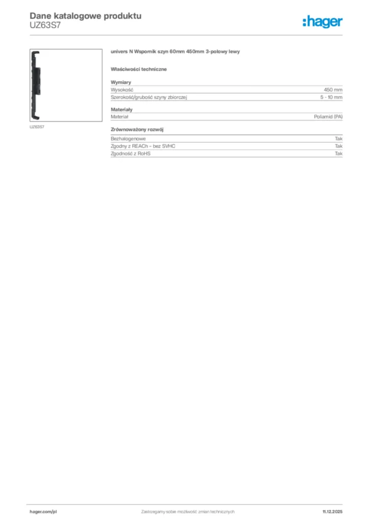 Zdjęcie Hager Dane katalogowe produktu UZ63S7 | Hager Polska