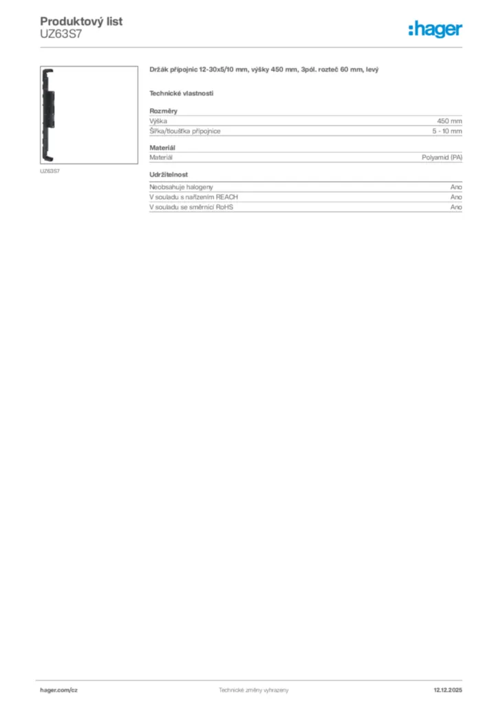 Obrázek Hager Produktový list UZ63S7 | Hager