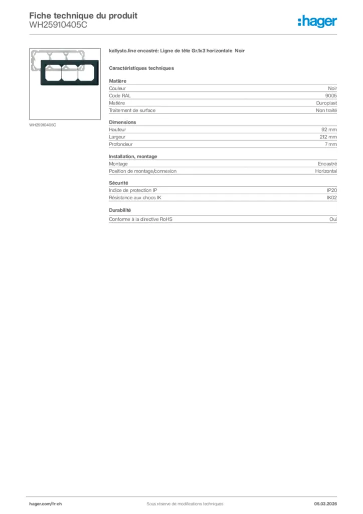 Image Hager Fiche technique du produit WH25910405C | Hager Suisse