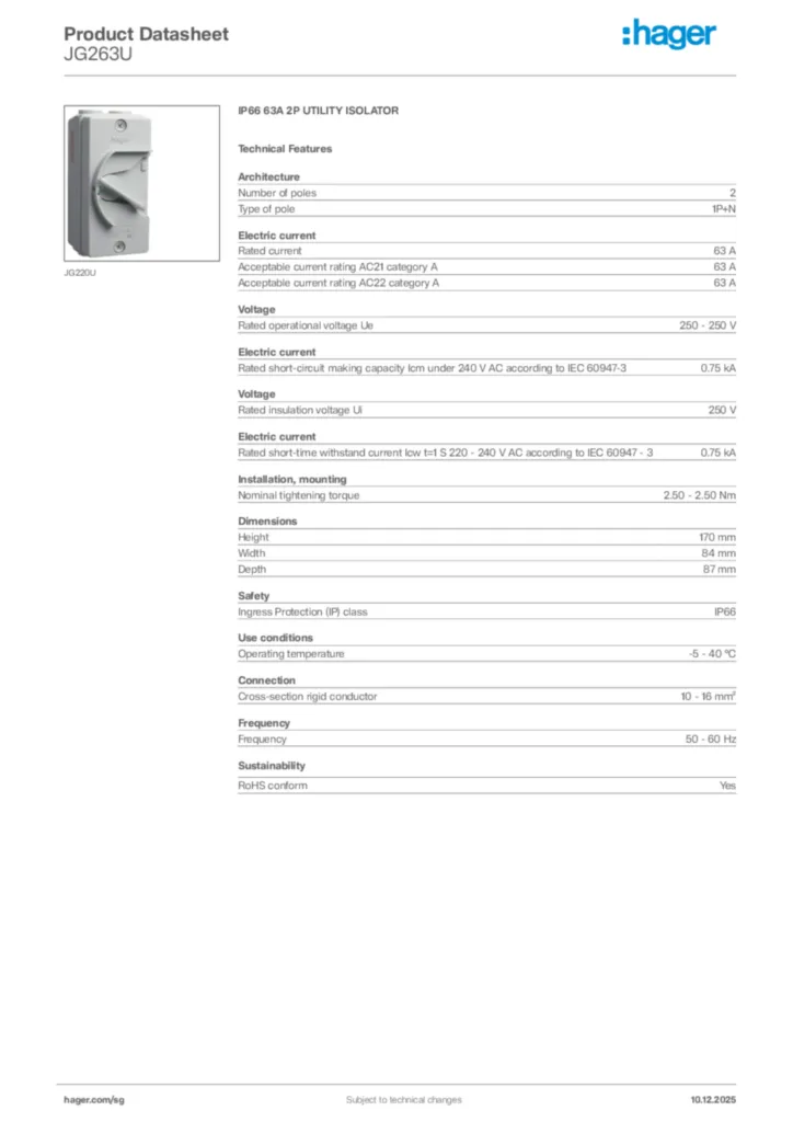 Image Hager Product data sheet JG263U  | Hager