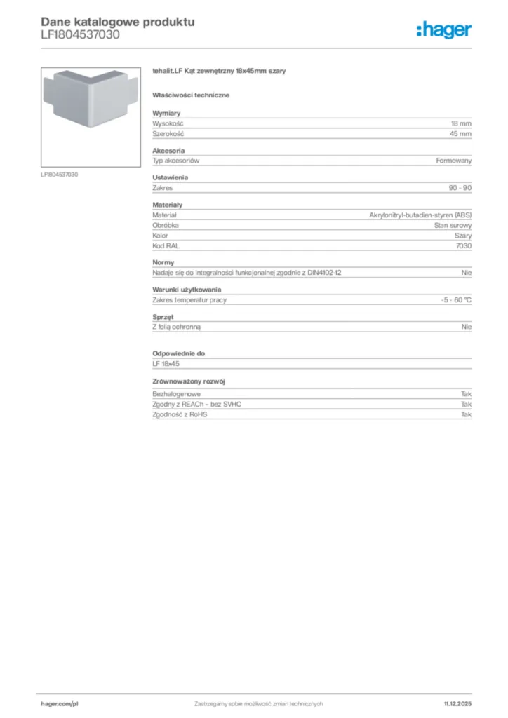 Zdjęcie Hager Dane katalogowe produktu LF1804537030 | Hager Polska