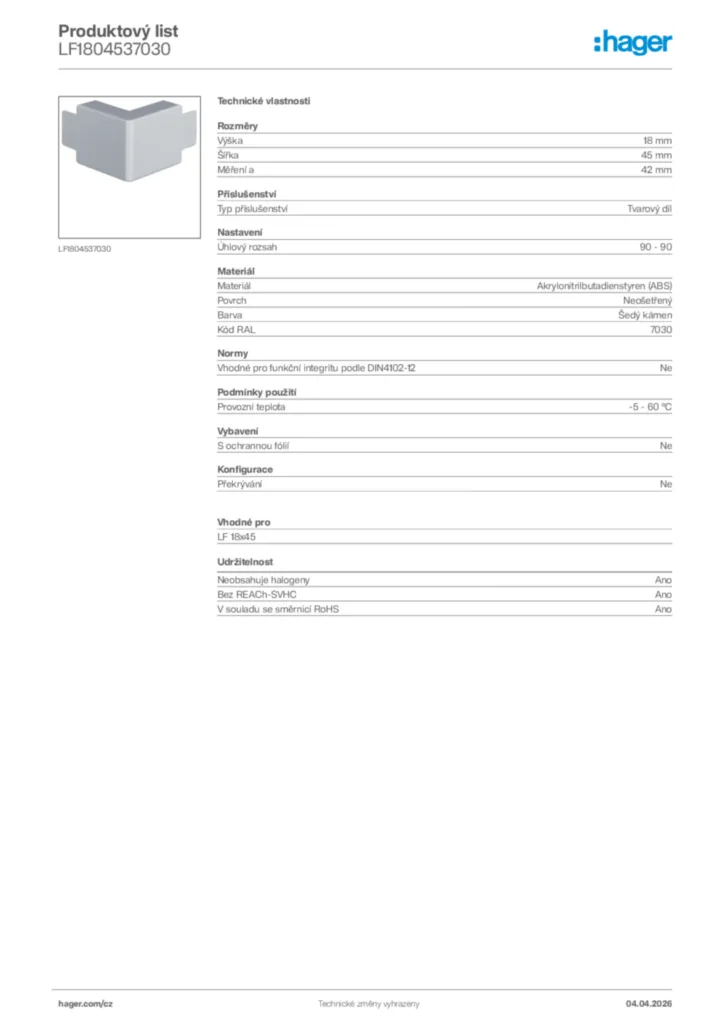 Obrázek Hager Product data sheet LF1804537030 | Hager