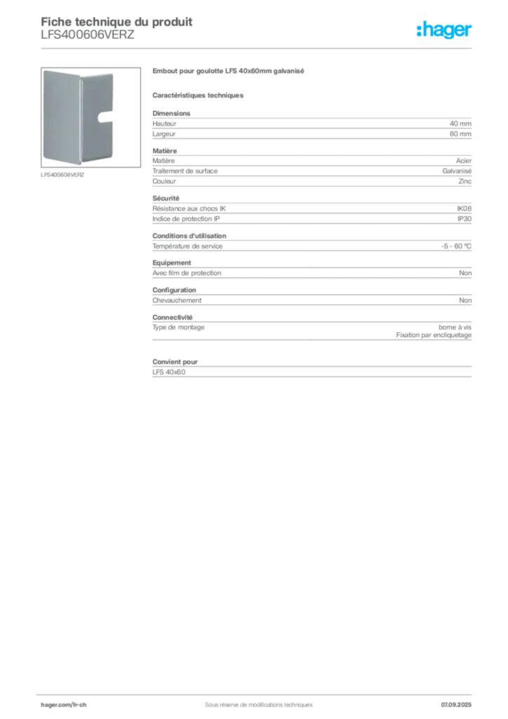 Image Hager Fiche technique du produit LFS400606VERZ | Hager Suisse