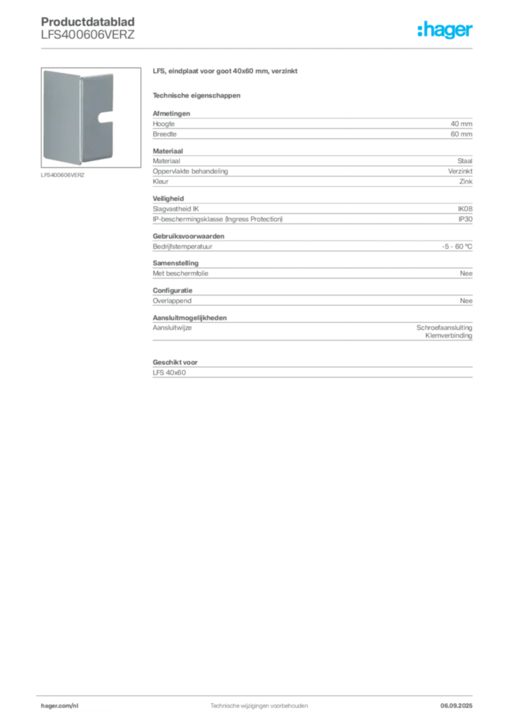 Afbeelding Hager Productdatablad LFS400606VERZ | Hager Nederland