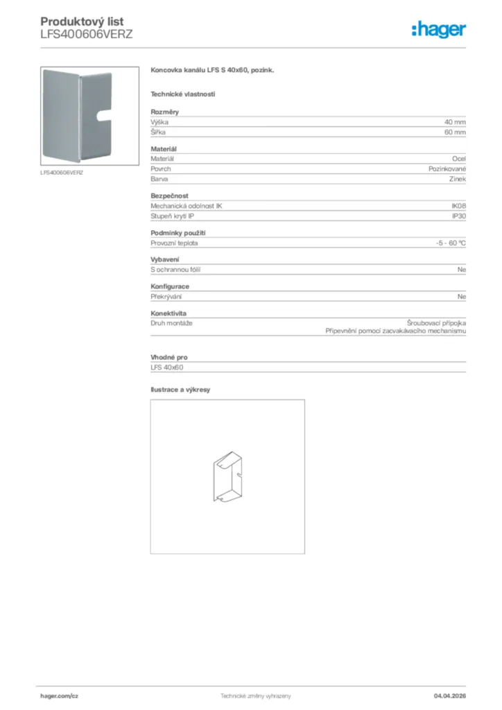 Obrázek Hager Product data sheet LFS400606VERZ | Hager