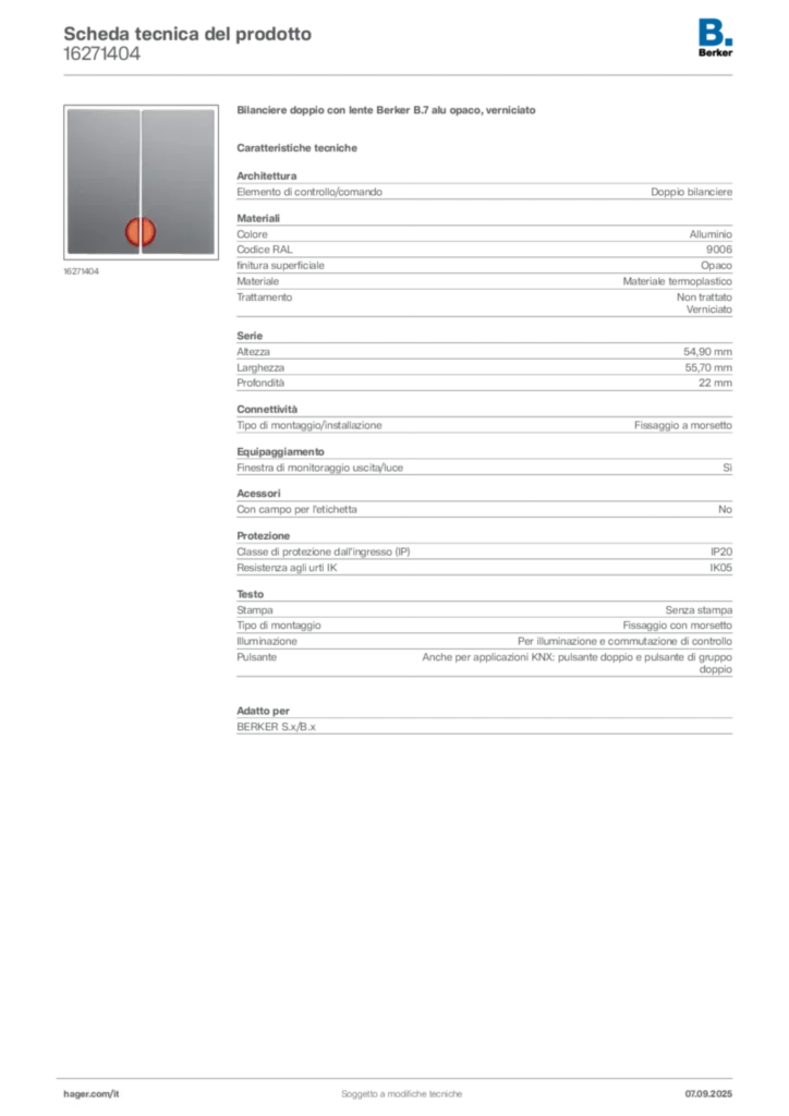 Immagine Berker Scheda tecnica del prodotto 16271404 | Hager Italia