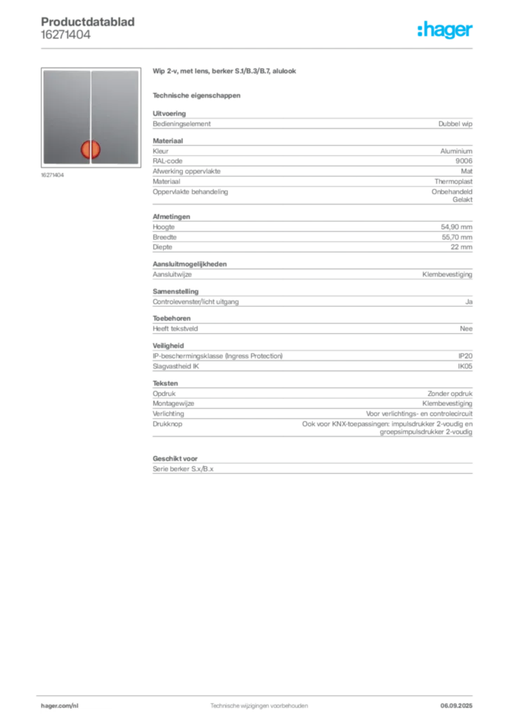 Afbeelding Hager Productdatablad 16271404 | Hager Nederland