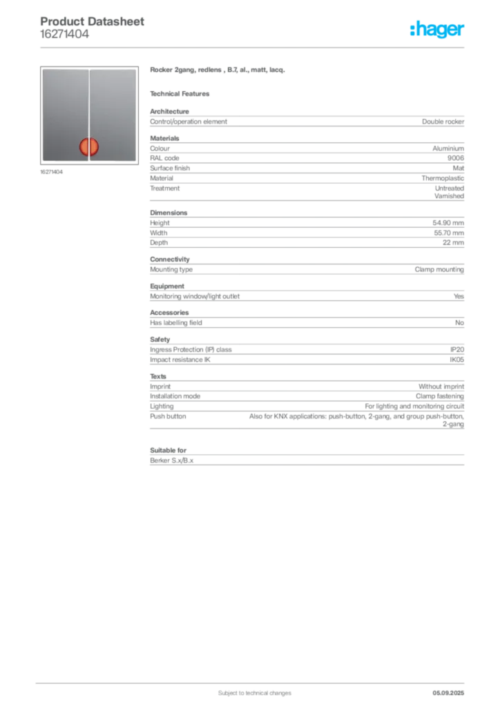 Image Hager Product data sheet 16271404  | Hager