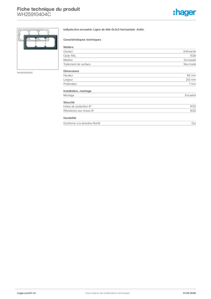 Image Hager Fiche technique du produit WH25910404C | Hager Suisse
