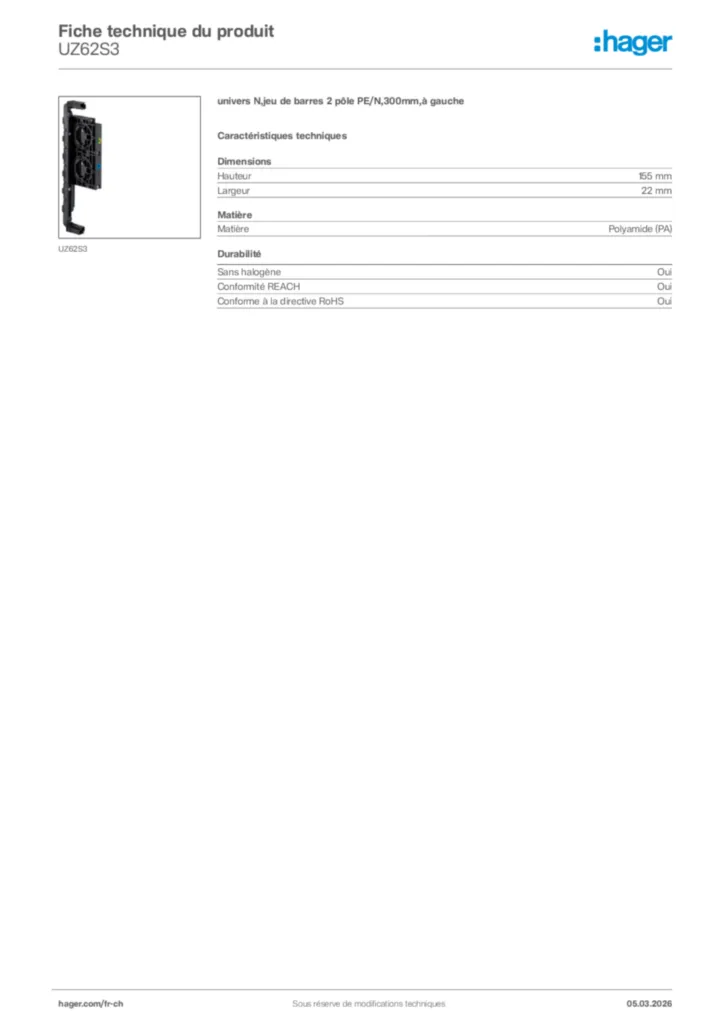 Image Hager Fiche technique du produit UZ62S3 | Hager Suisse