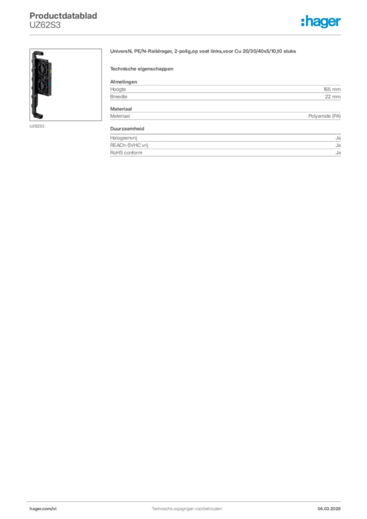 Afbeelding Hager Productdatablad UZ62S3 | Hager Nederland