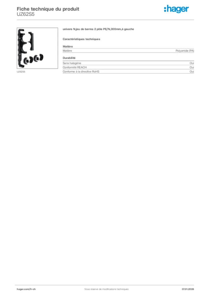Image Hager Fiche technique du produit UZ62S5 | Hager Suisse