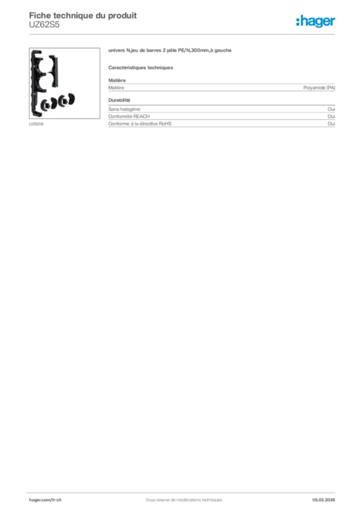 Image Hager Fiche technique du produit UZ62S5 | Hager Suisse