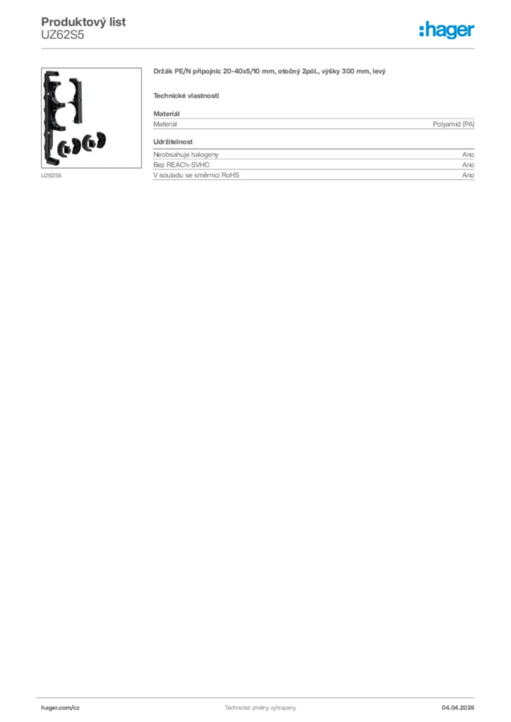 Obrázek Hager Product data sheet UZ62S5 | Hager