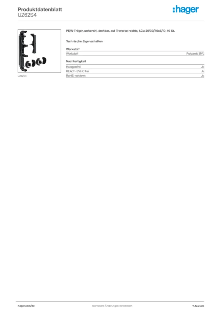 Hager Produktdatenblatt UZ62S4