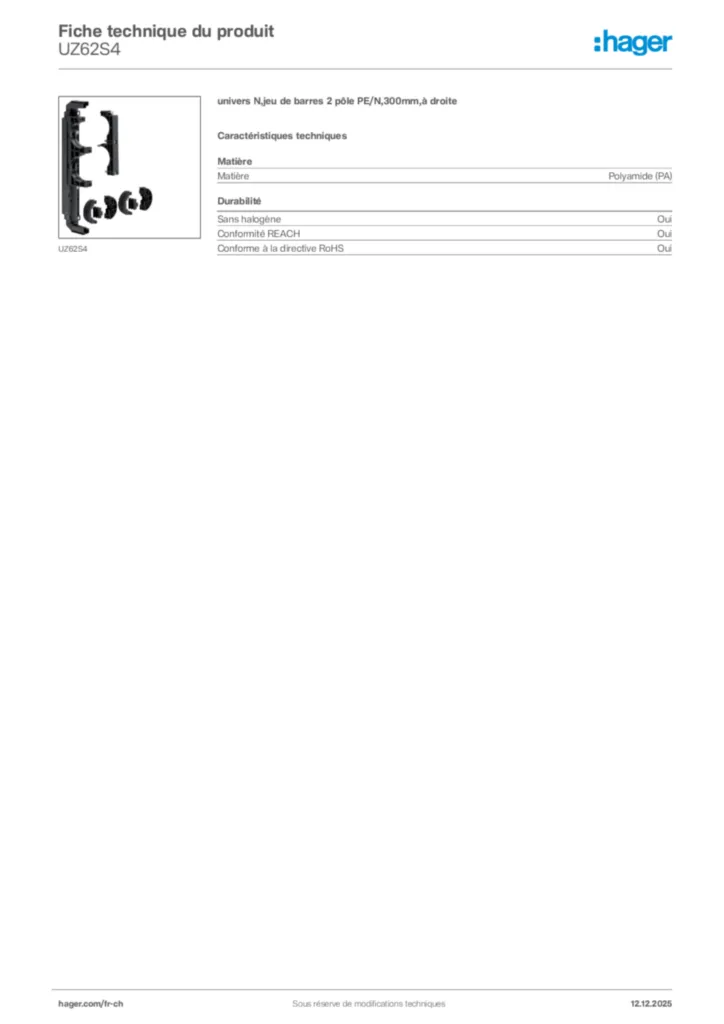 Image Hager Fiche technique du produit UZ62S4 | Hager Suisse