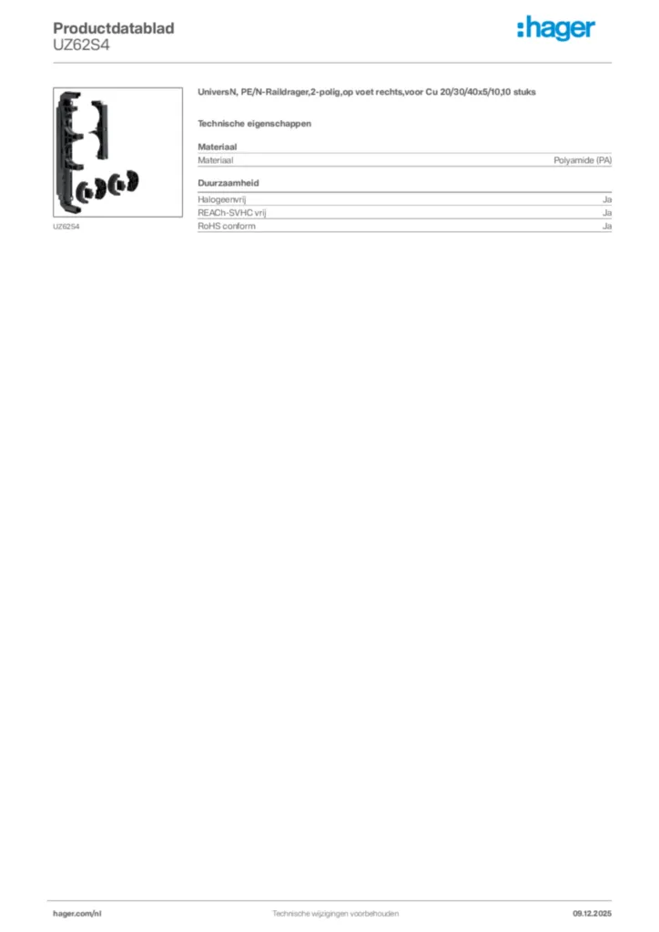 Afbeelding Hager Productdatablad UZ62S4 | Hager Nederland