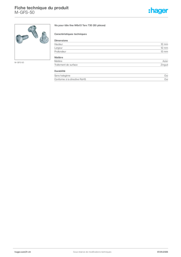 Image Hager Fiche technique du produit M-GFS-50 | Hager Suisse