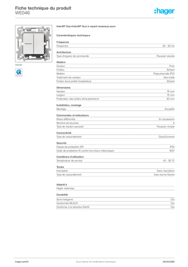Image Hager Fiche technique du produit WE046 | Hager France