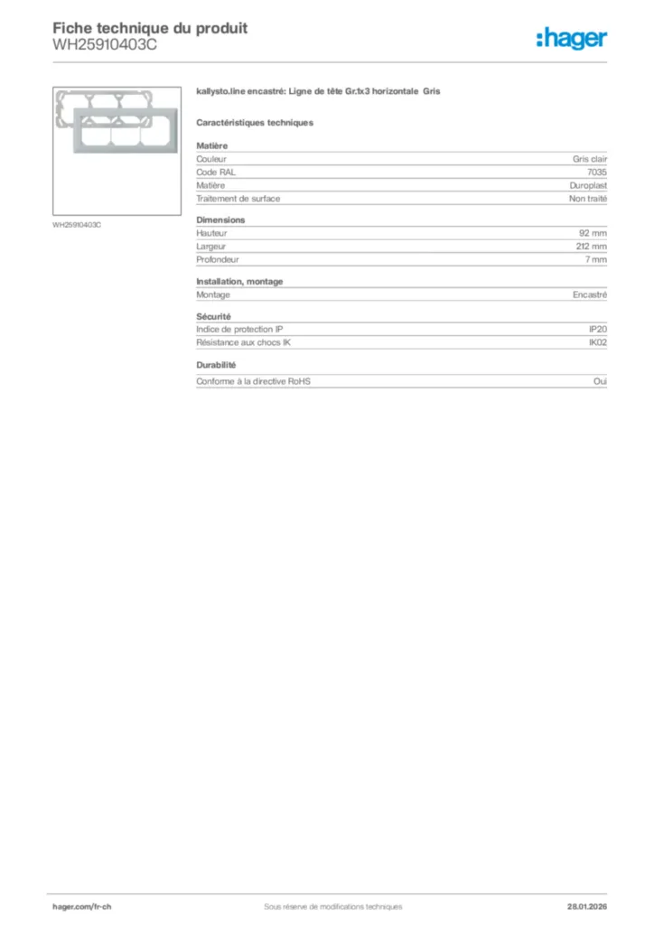Image Hager Fiche technique du produit WH25910403C | Hager Suisse