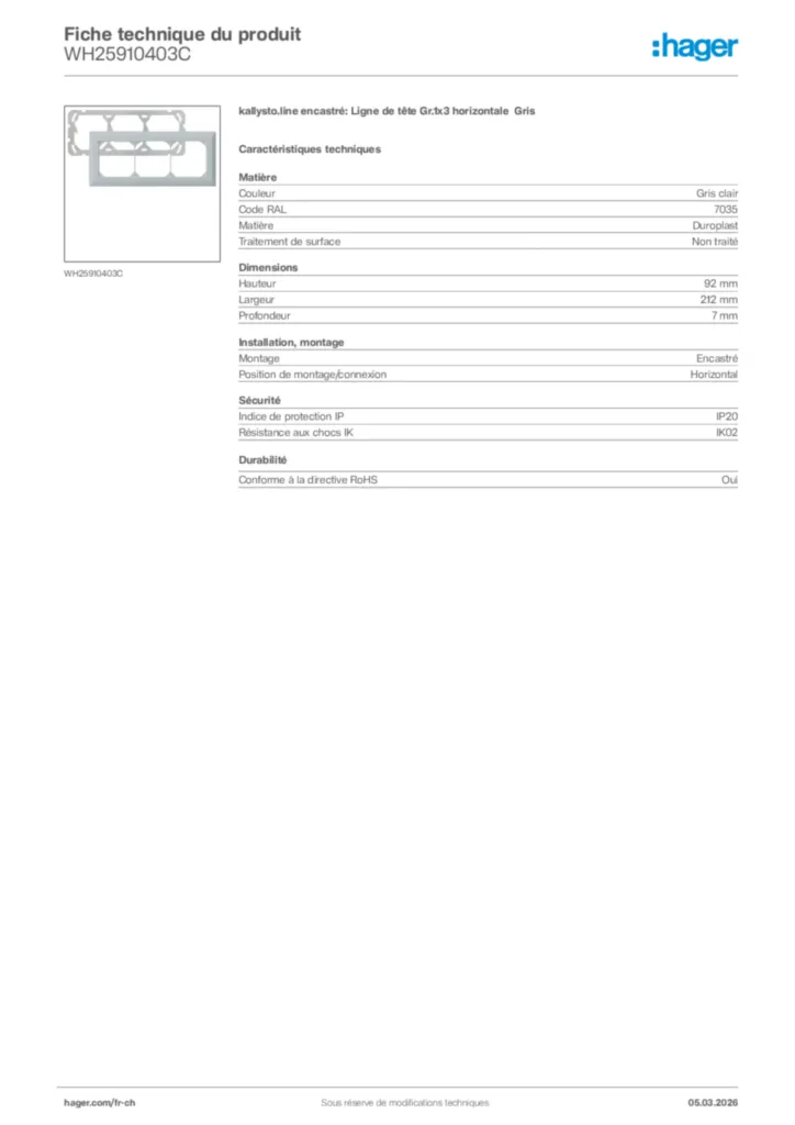 Image Hager Fiche technique du produit WH25910403C | Hager Suisse